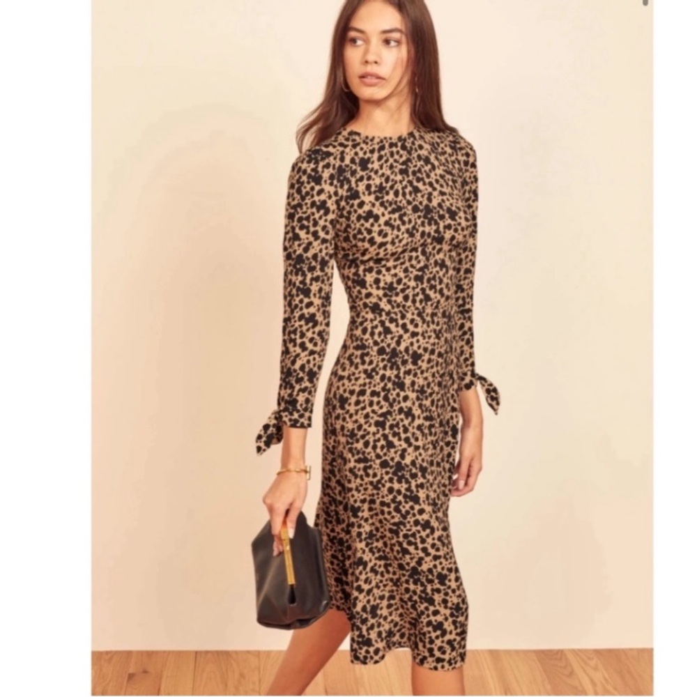 Reformation Leopard Print Midi Long Sleeve Dress Sz 12